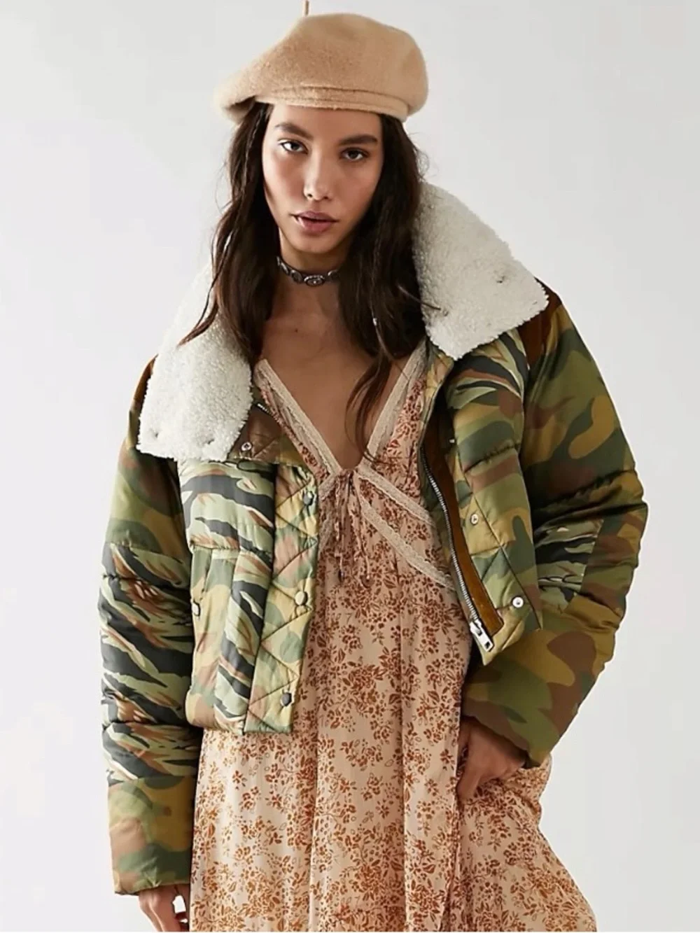 Free People Bohemian Patchwork Camo Cordury West Coast Puffer Jacket Size Large